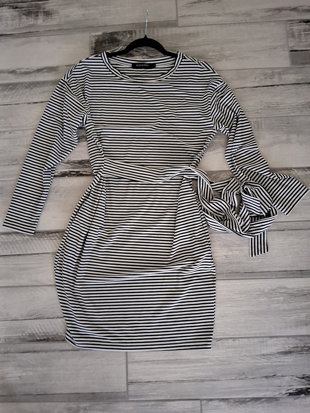 Striped Long-Sleeve Tie-Waist Dress in Black and White
